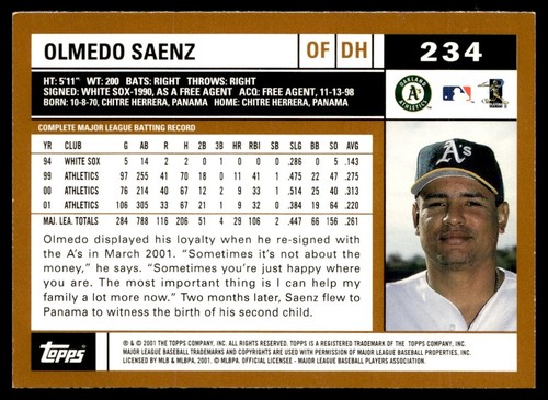 2002 Topps Olmedo Saenz Oakland Athletics #234 - Picture 2 of 2