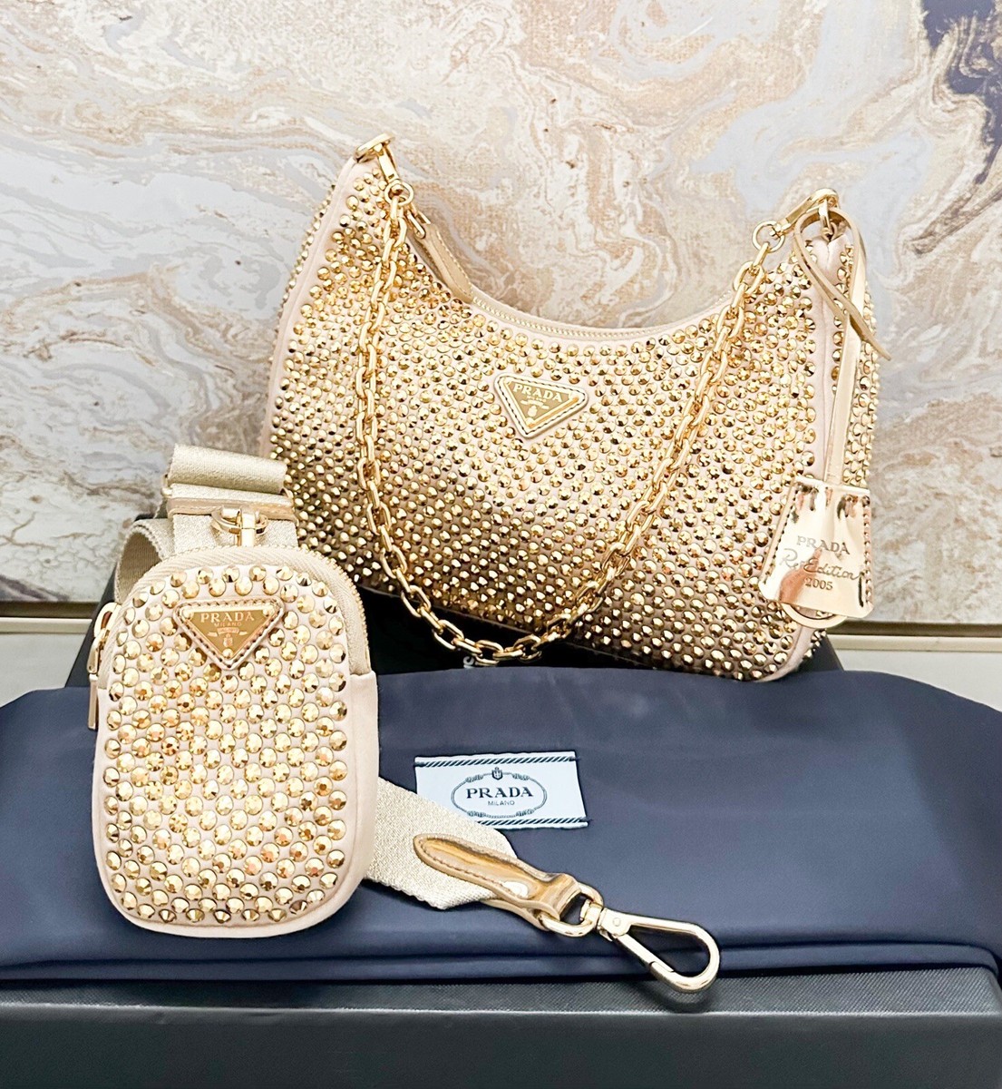 Prada Crystal Embellished Metallic Re-Edition 2005 Gold Prada Crystal Embellished Metallic Re-Edition 2005 Gold