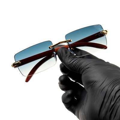 Rectangle Turquoise Gradient Tint Rimless Gold Frame Retro Woodgrain Sunglasses