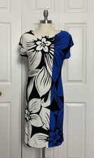 Nine West Size 6 Floral Knit Sheath Dress Blue Black White Cap Sleeves Women’s