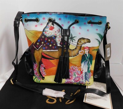 New Sharif Handpainted Leather Arabian Theme Drawstring Bucket Crossbody Bag