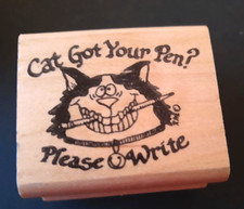RUBBER STAMP: Grinning Feline with Pencil "Cat Got Your Pen Please write"