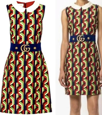 4K New Gucci 2017 Green Black GG Logo Belt Mod Retro Midi Dress 38 40 2 4 XS S