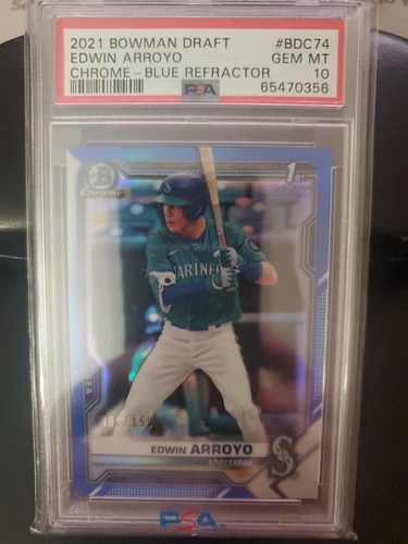 2021 Bowman Draft Chrome Edwin Arroyo Blue Refractor 1st Bowman Mariners PSA 10
