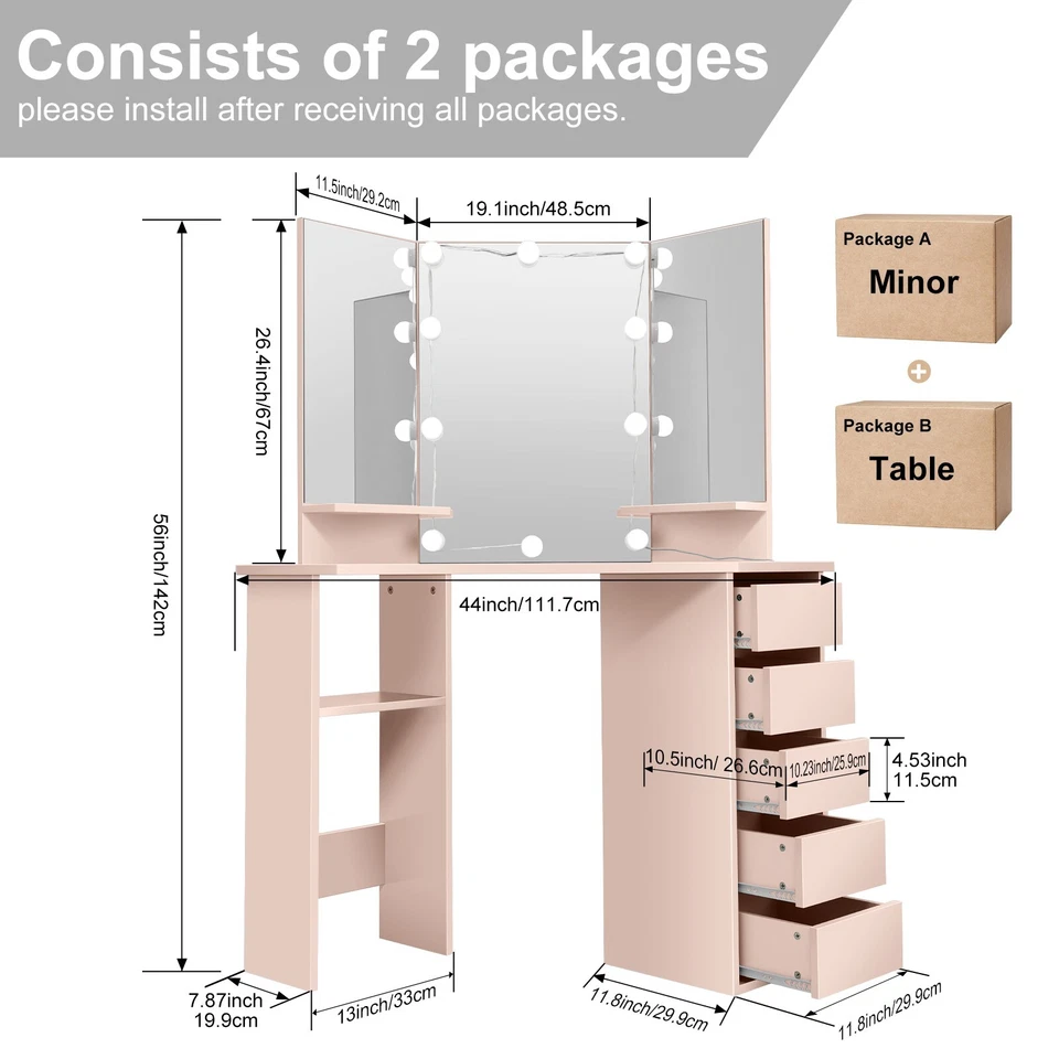 Juego de mesa tocador de maquillaje con espejo iluminado con 5 cajones para dormitorio 44 pulgadas~ Foto 3 de 4