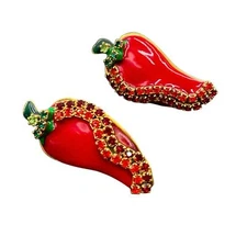 Vintage Lunch at the Ritz Chili Pepper Enamel Rhinestone Pierced Earrings