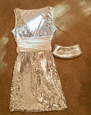 Chic Star Low Cut Silver Sequin Party Cocktail Dress Sz Small & Matching Purse