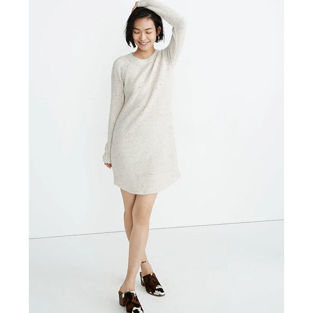MADEWELL Petite Curved-Hem Sweater Dress Donegal Pearl Ivory Cream Sz M  {II12}