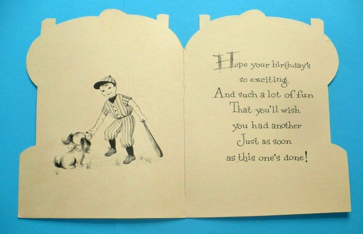 VTG CHILDS BIRTHDAY LITTLE LEAGUER BOY & PUPPY CARD MINT W