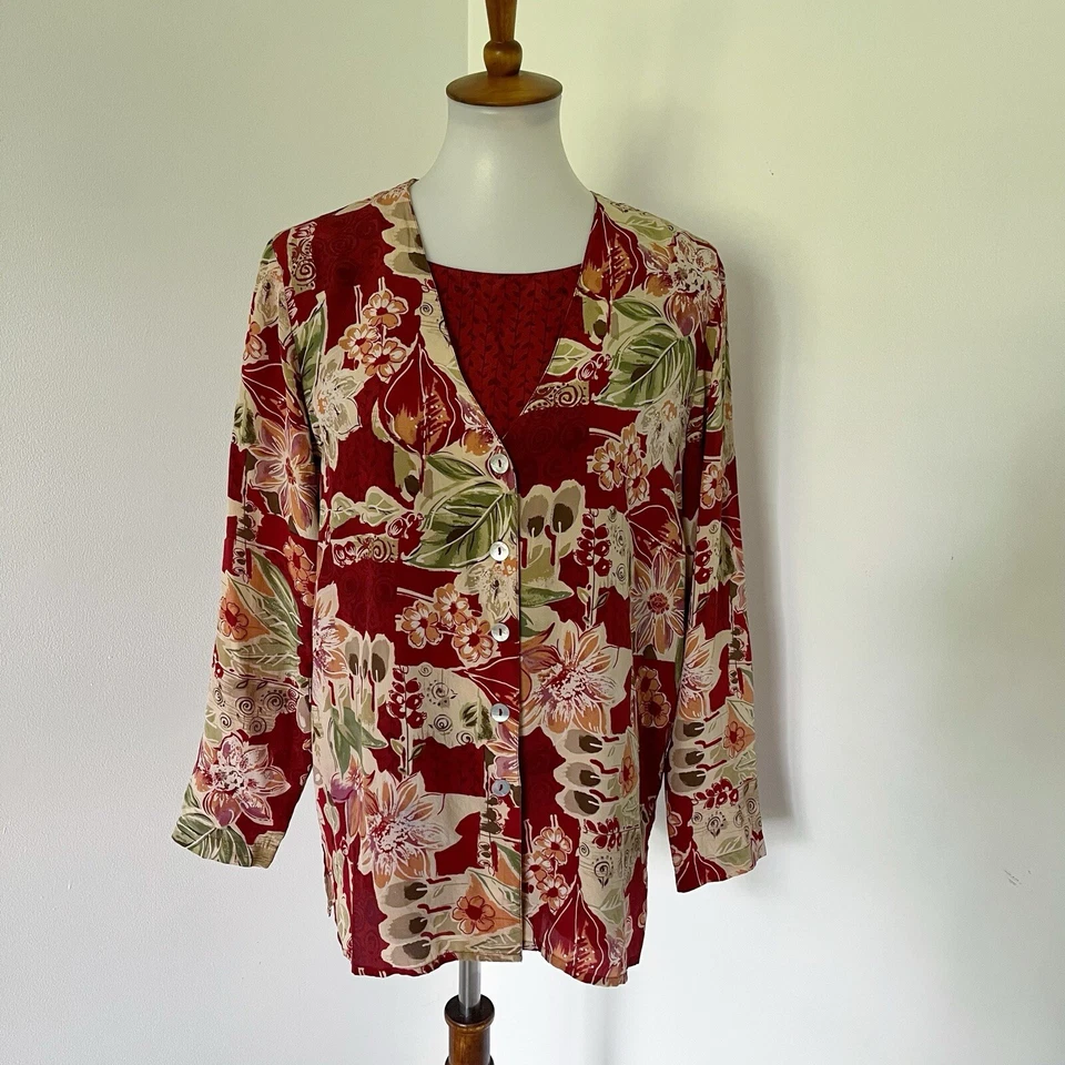 Blusa y camiseta sin mangas vintage de seda de los 90 para mujer camisa floral blusa talla 8 S Foto 2 de 4