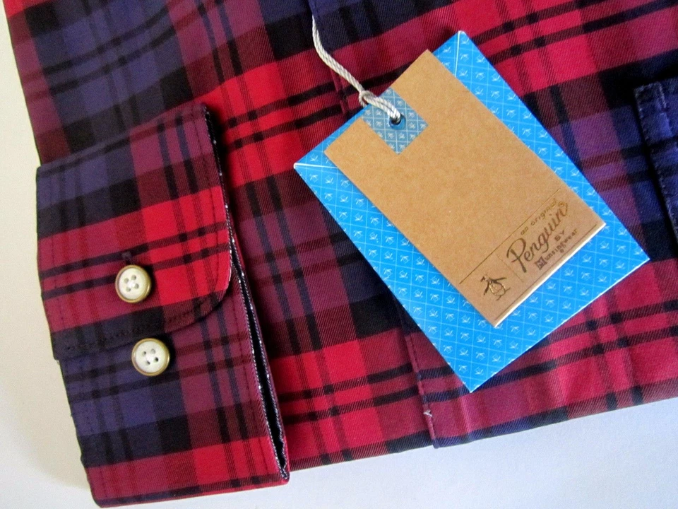 $90 Penguin Munsingwear Camisa a Cuadros Calce Ajustado Para Hombres Rojo Cordobés Manga Larga Nueva Foto 4 de 4
