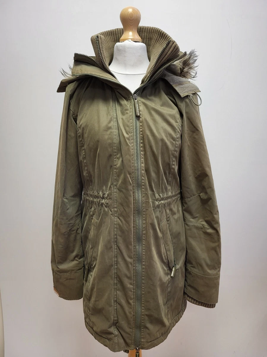 GG888 WOMENS SUPERDRY WINDCHEATER GREEN FUR TRIM HOOD LINED PARKA UK S EU 36