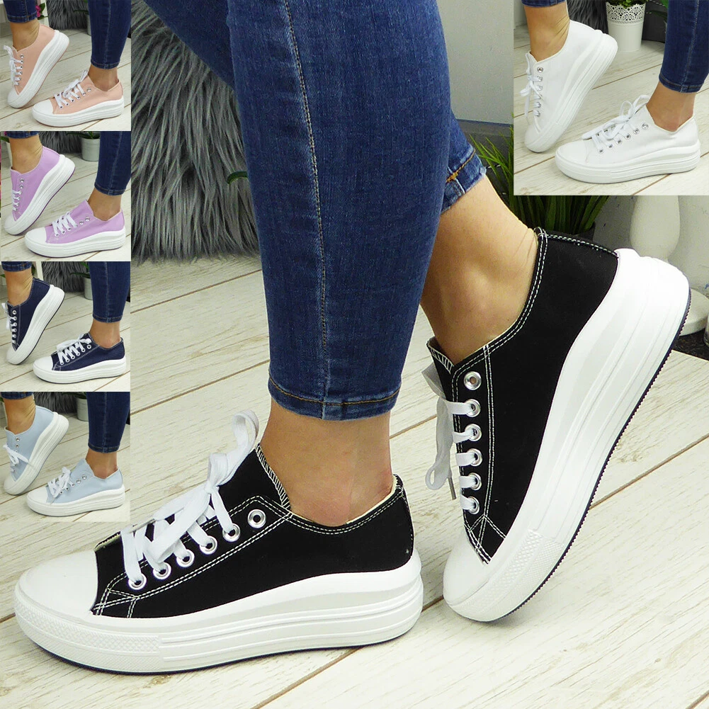 Canvas Trainers Shoes Sneakers Platform Lace Up Ladies Womens Pumps Boots  Casual