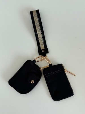 Lululemon Dual Pouch Wristlet Wallet Keychain New Black Gold Logo