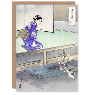 Ogata Gekko Japanese Art Card Orchid Broken Plant Pot and Cat