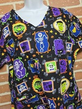 SB Scrubs Women  s Halloween Scrub Top Sz Medium Short Sleeve Monster Ghost