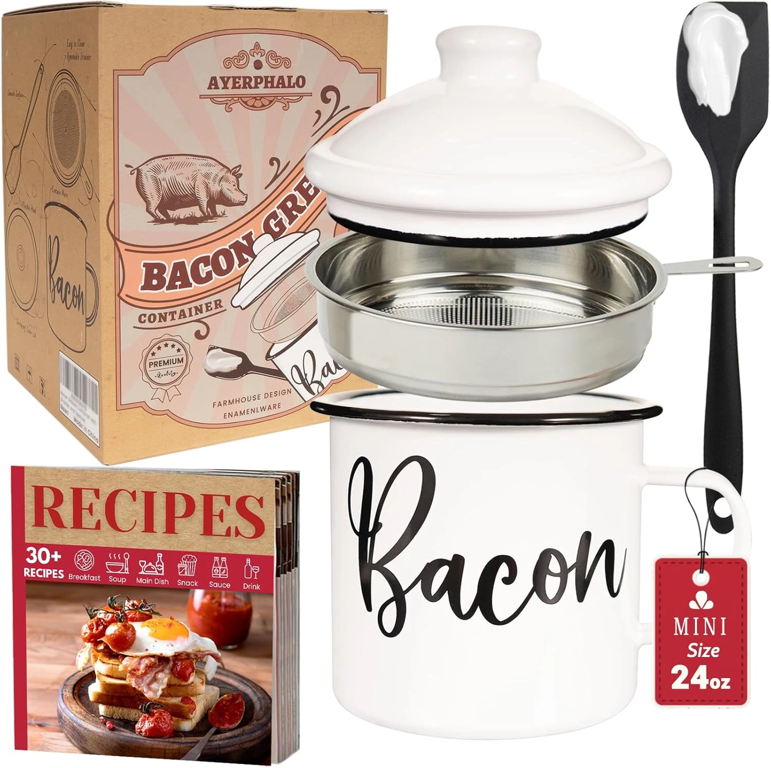 Bacon Grease Container with Strainer - with Food-Grade Silicone Spatula, 24Oz En