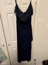 Xscape Long Sheer Matte Jersey Side Rouch Dress with Chunky Bead Navy Size 14W
