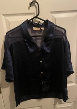 Vintage Victorias Secret Gold Label Navy Satin Button Up Pajama Top Small