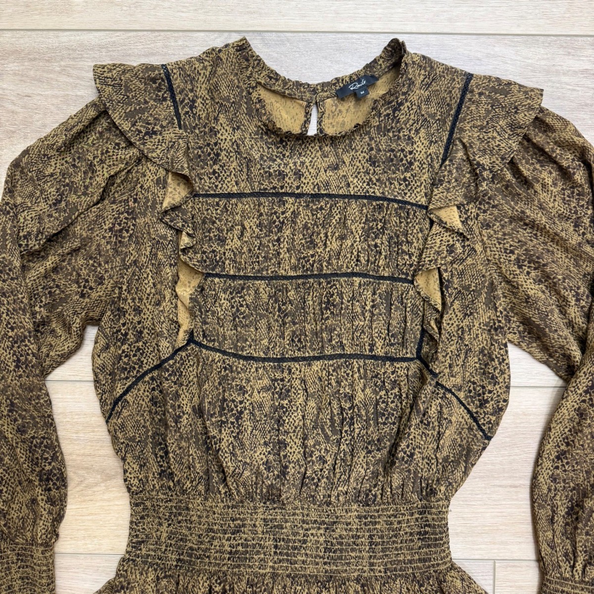 Rails Faren Mini Dress Sepia Python Brown Snakeskin Smocked Blouson Ruffle M View 3
