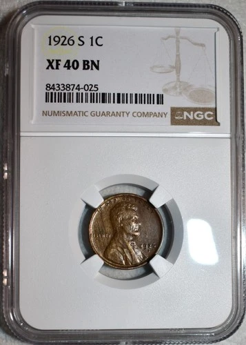 NGC XF-40 BN 1926-S Lincoln Cent, Attractive, Mid-Grade specimen.