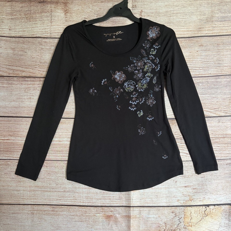 My Super Soft Tee Shirt ~ Size S Women's ~ Fitted Black Floral Long Sleeve
