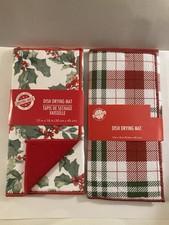 Summer kitchen 2 pc dish drying mat floral holly plaid foliage 12x18in red