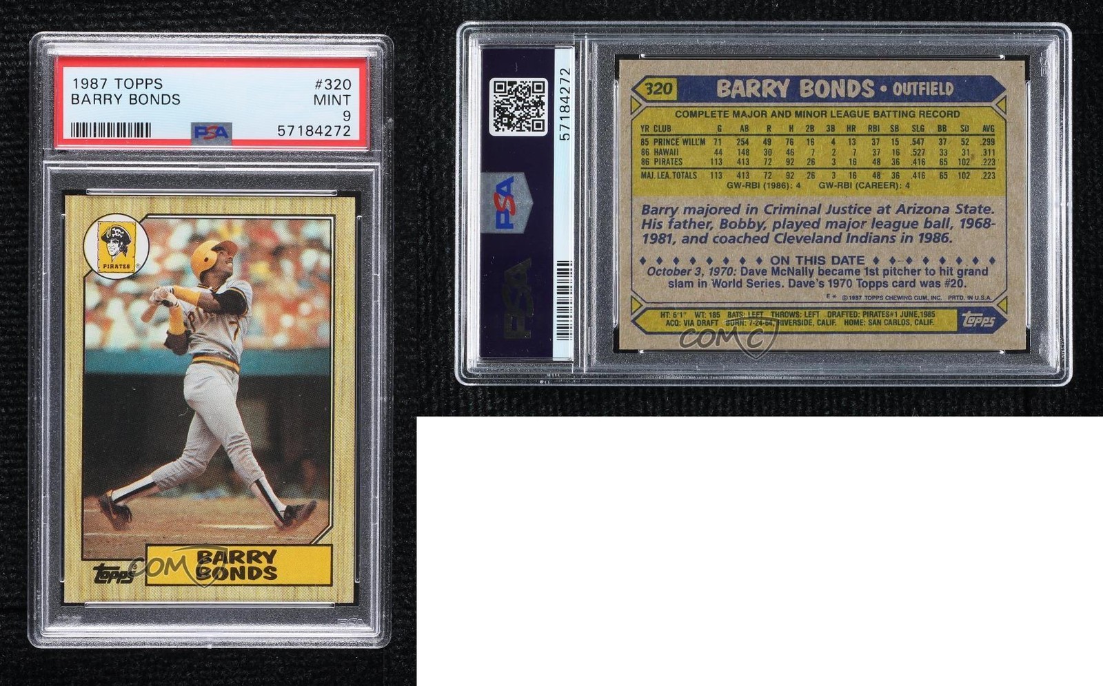 1987 Topps Barry Bonds #320 PSA 9 MINT Rookie RC 13xi view 3