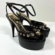 Moschino Teddy Bear Studded Leather Platform Stiletto Sandals Heel Black 36