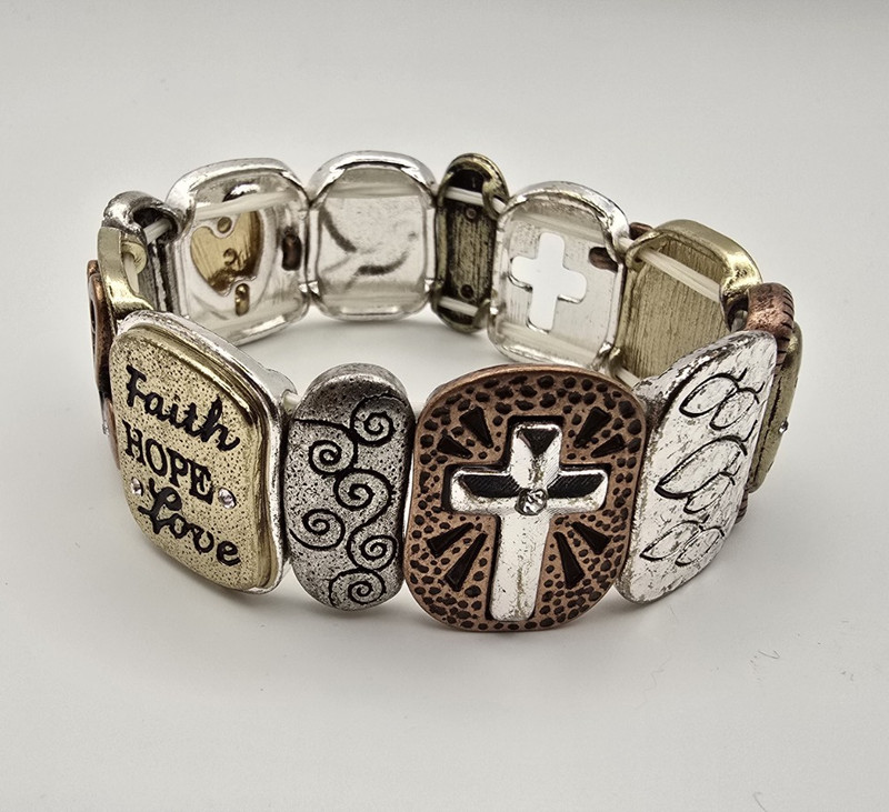 Gold/Copper/Silver Tone Christian Cross Stretch Bracelet Faith Hope Love