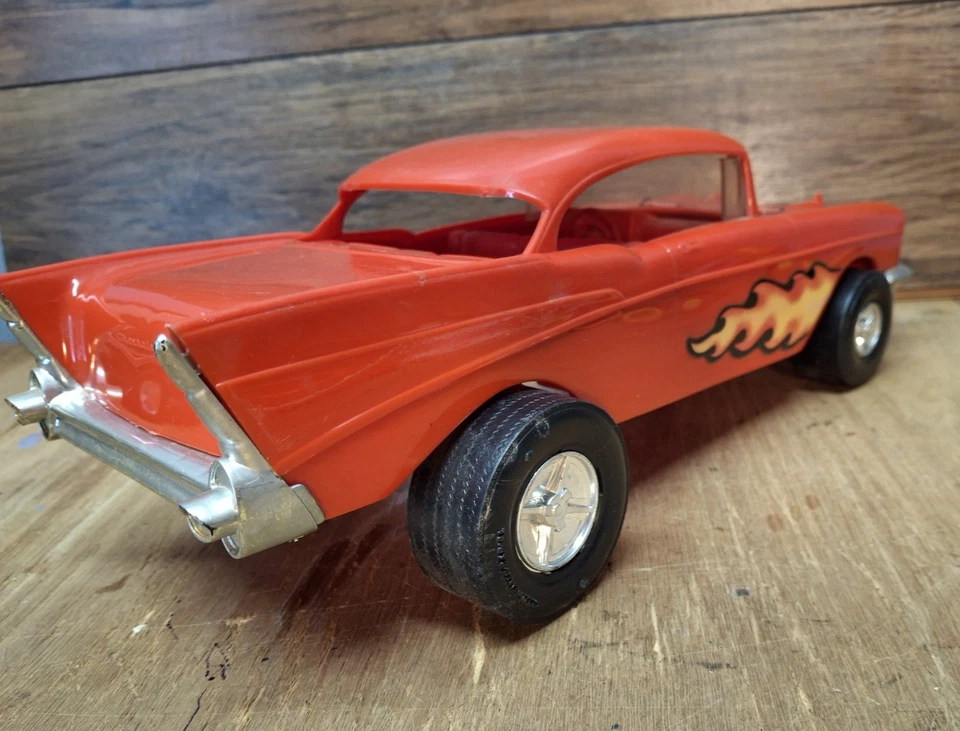 Toy Car Processed Plastics '57 Chevy Hot Rod Redish Orange Large Scale 14" Long - Image 3 of 4