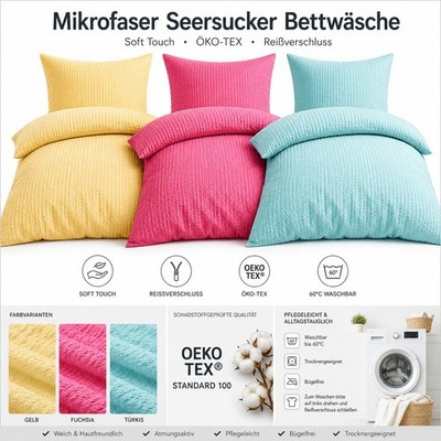 Mikrofaser Seersucker Bettwäsche 2 - 4tlg 135x200 80x80 Bügelfrei Reißverschluss