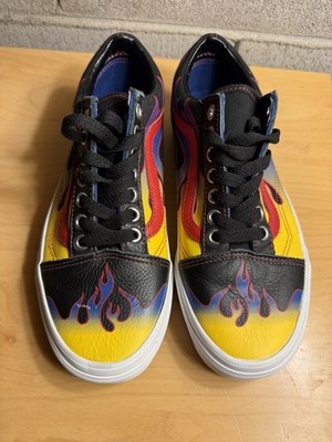 Vans Old Skool Flame Leather Canvas Skate Shoes Blue Yellow Red Mens 7 Women 8.5