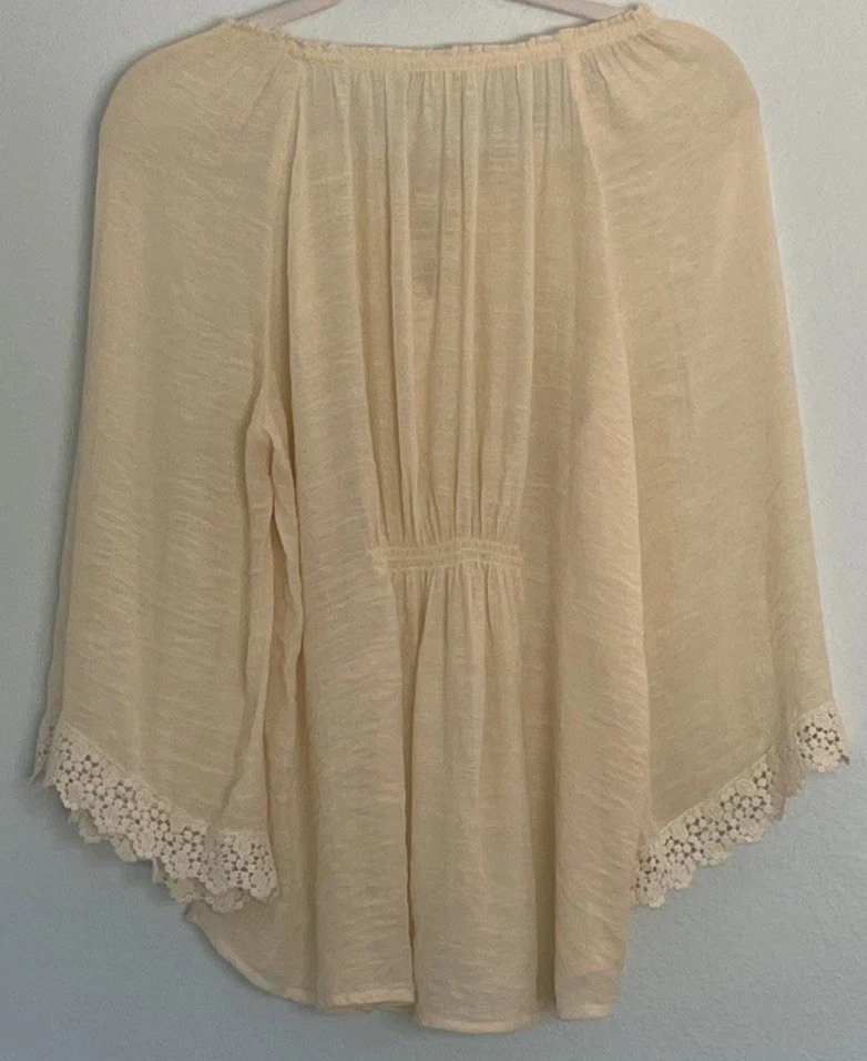 Sheer Peasant Top Ivory L Crochet Lace Bell Sleeves Cottage Hippie Boho Festival - Image 3 of 4