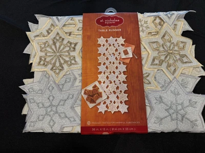 St. Nicholas Square Table Runner Gold & Silver Stars 36 in x 13 in New