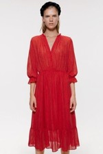 ZARA women's M POLKA DOT MIDI DRESS red split lined button 3/4 sleeve romantic