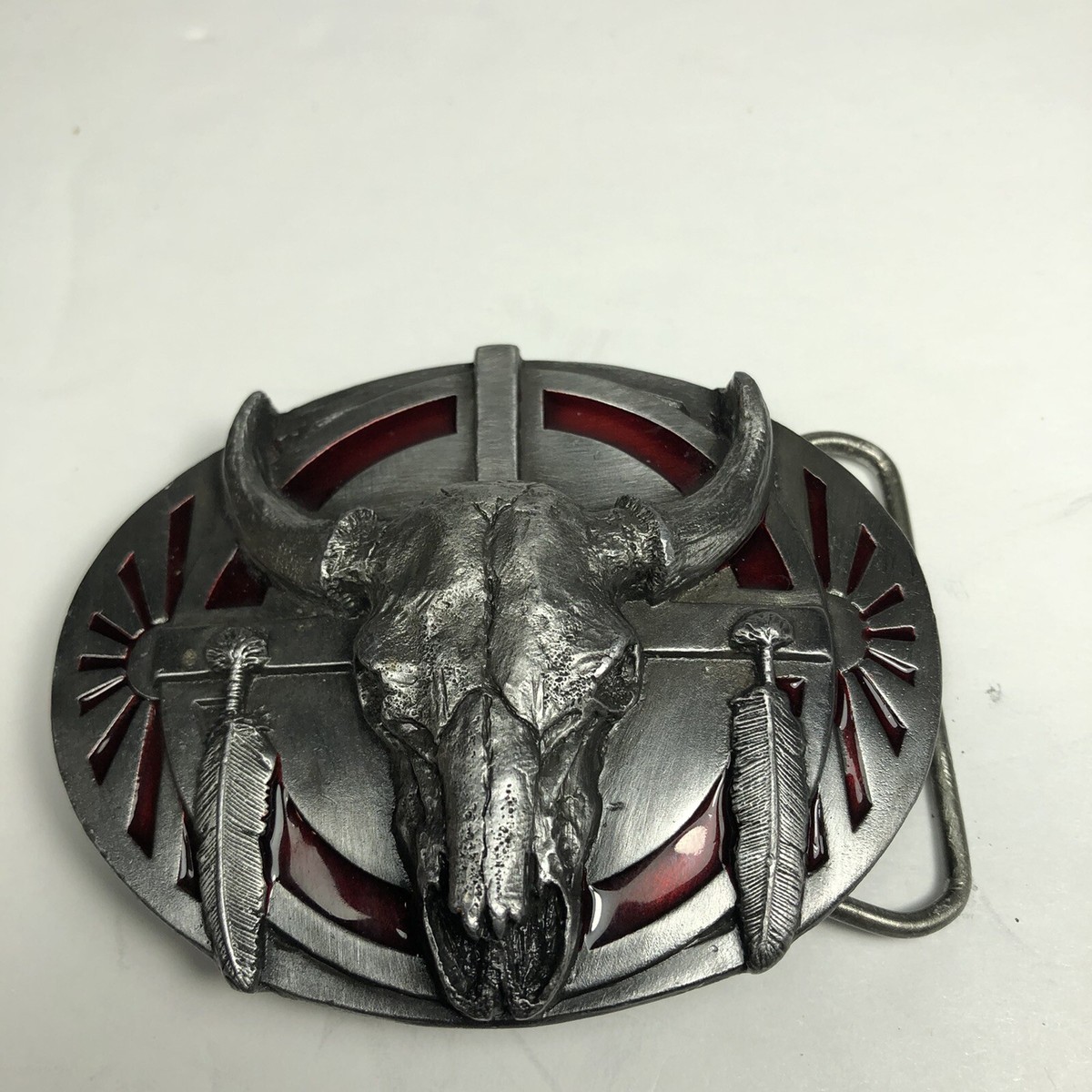 VTG 1986 Longhorn Skull Western Belt Buckle Made USA Cowboy Rodeo VTG 1986 Cow Skull Feathers Siskiyou Belt Buckle Hand  main image 3