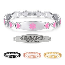 CUSTOM ENGRAVE 4 Colors Stainless Steel Heart Link Medical Id Bracelet