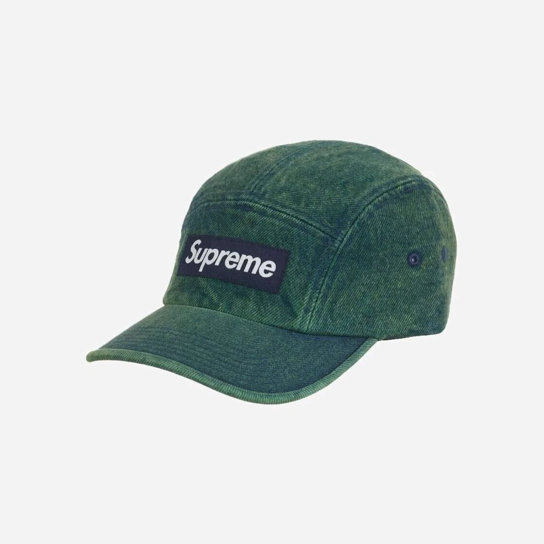 Casquette de camp 5 panneaux homme neuve avec étiquette Supreme overdyed vert denim boîte logo SS23