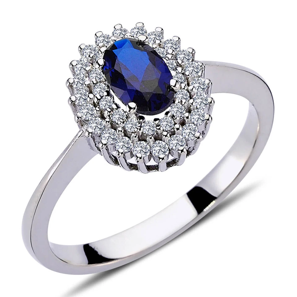Diamant Oval Saphir Entourage Halo Ring 14 Karat Weißgold - Bild 1 von 1