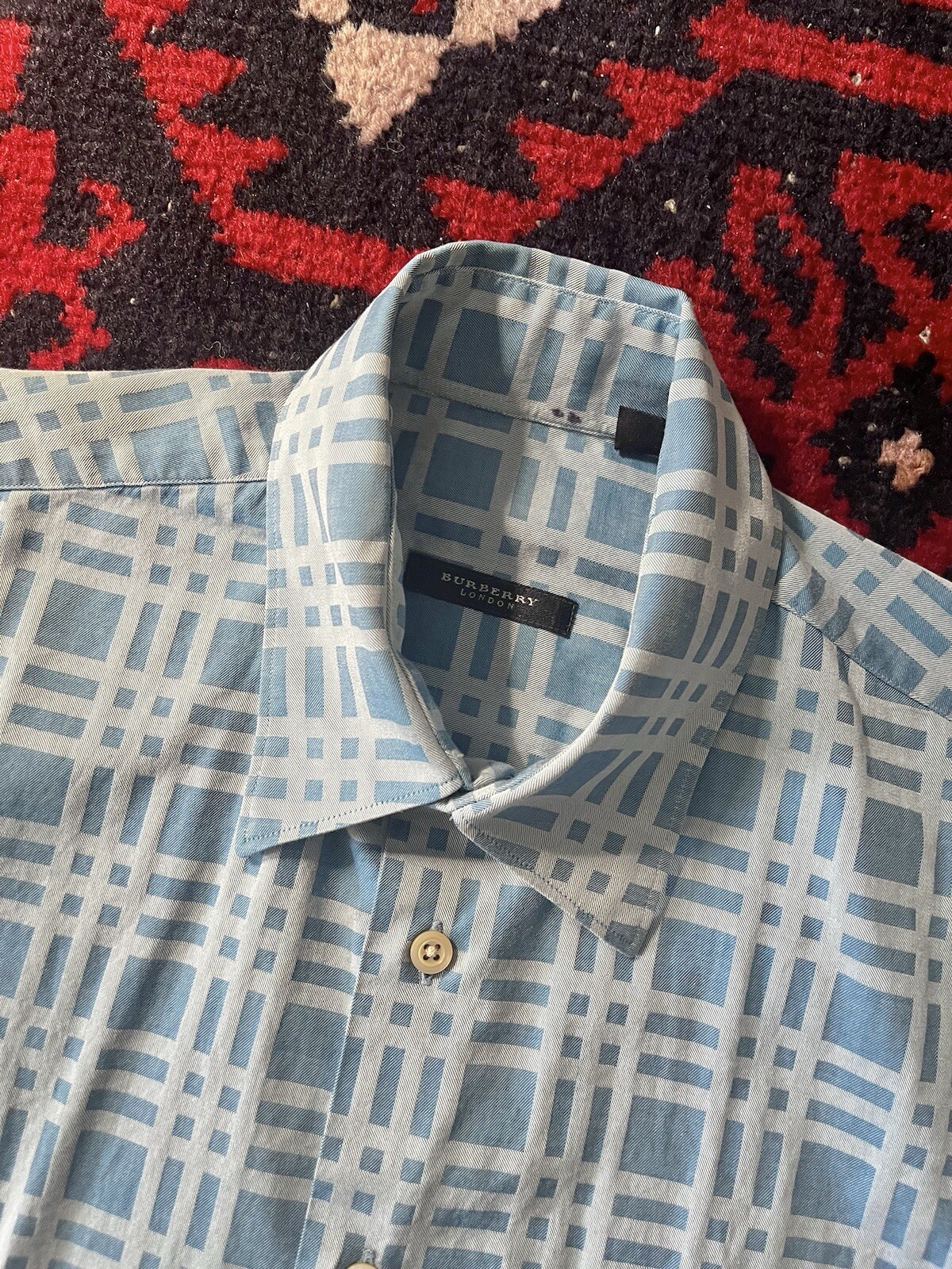 Burberry Mens Mono Check Pattern Shirt Collared Button Up Blue Made in USA Sz. M