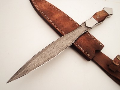 HAND MADE DAMASCUS DAGGER ,ROSEWOOD, STEEL BOLSTER, BRASS PIPE PINS, 14-1/2'' NEW