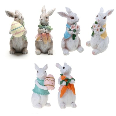 Easter Bunny Figurines 2pcs Animal Rabbit Holding Egg Carrot Resin Statue