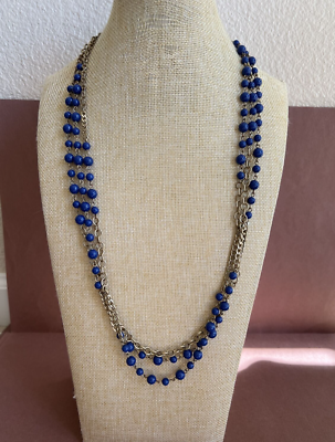 J.Crew Brass Tones Three Strand Drape Necklace With Blue Beads 30 