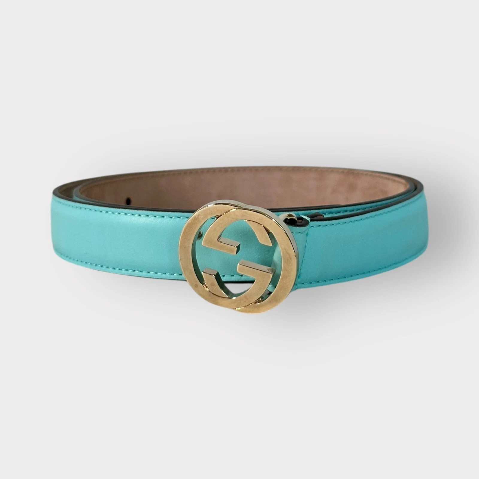 Authentique ceinture Gucci fine cuir turquoise boucle G imbriquée taille 85/34