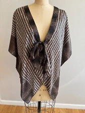 Alexis Womens Geometric Print Designer Silk Tied Kimono Top Brown Sz Small EUC