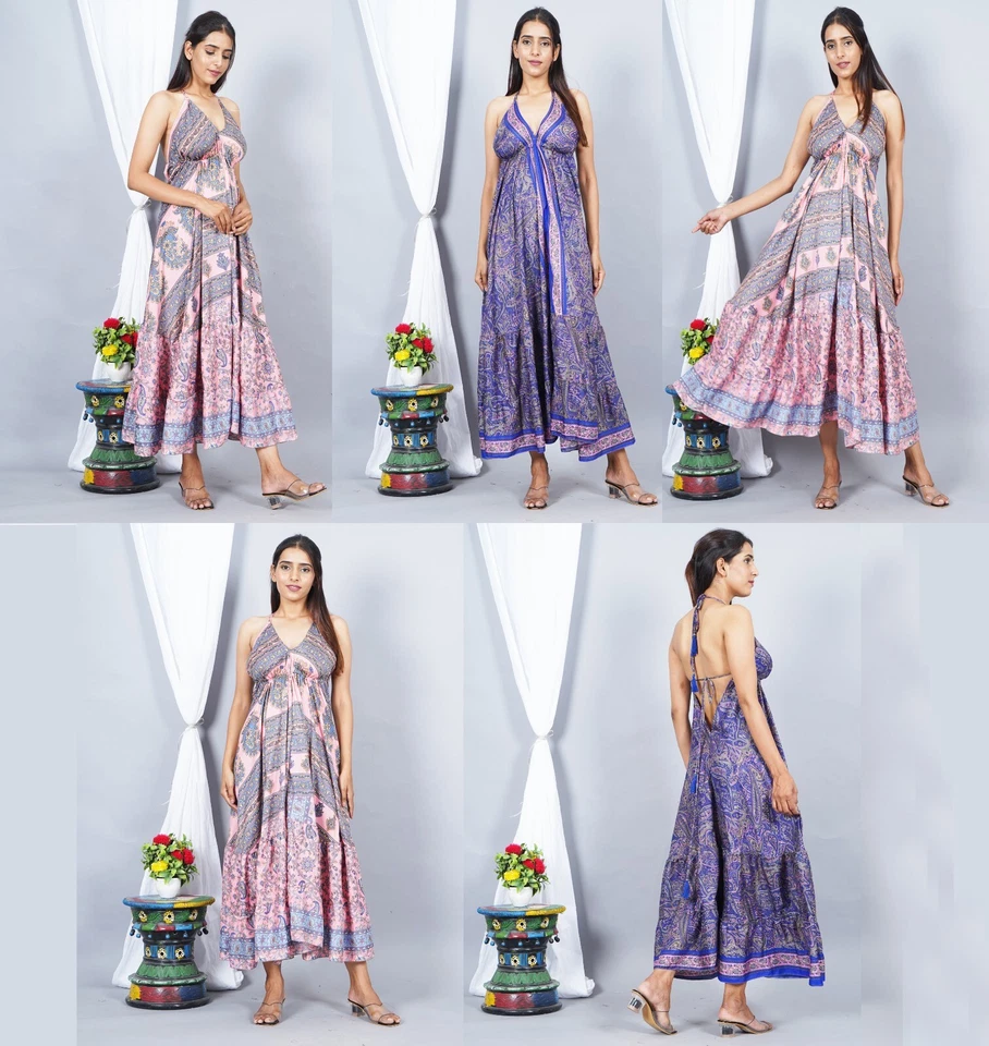 Wholesale Lot Indian Vintage Sari Silk Maxi Boho Gypsy Hippie Halter dress 5pcs - Image 2 of 4