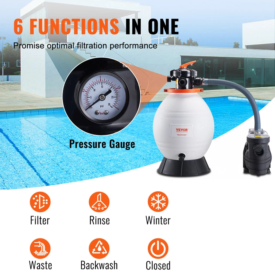 Sand Filter Above Ground with 1 HP Pool Pump 3500 GPH Flow 16" 6-Way Valve - Image 4 of 4