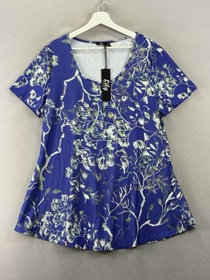 Lily by Firmiana Women s XL Blue Floral Botanical Scoop Neck Flowy Tunic Top NWT