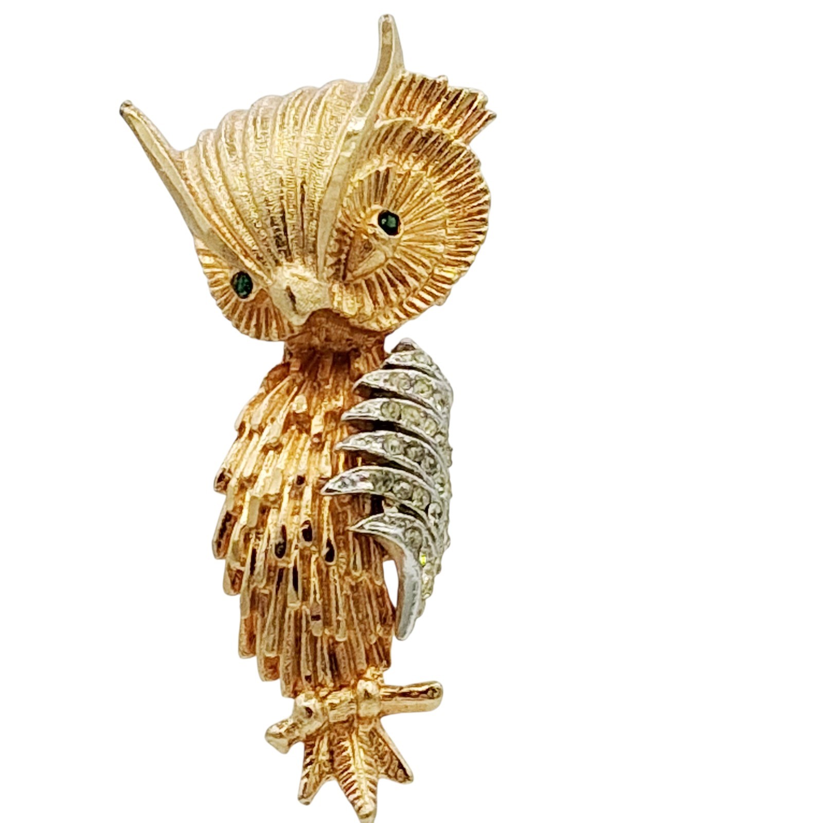 Vtg 80s Owl Figural Brooch Pin Gold Tone Green Eyes Rhinestone Wing Retro 2